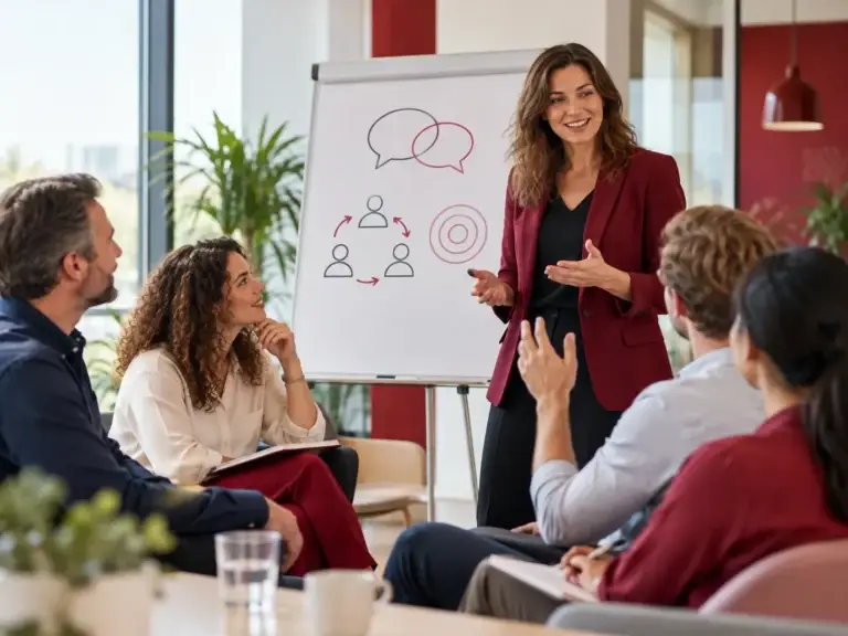 Trainer begeleidt een groep professionals tijdens een interactieve sessie over conflictmanagement, communicatie en training