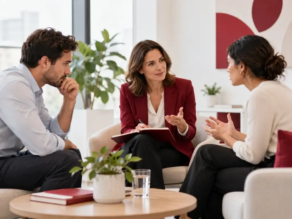 Drie professionals voeren een begeleid gesprek over conflictmanagement, communicatie en training in een moderne werkomgeving