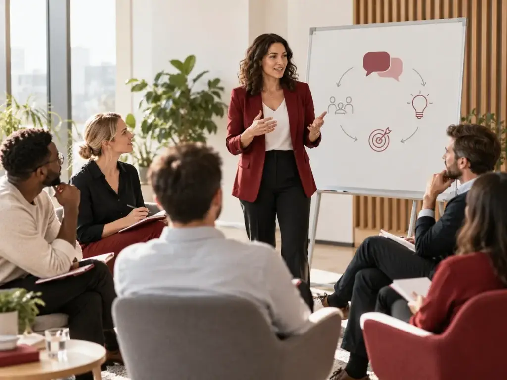 Trainer begeleidt een groep professionals tijdens een sessie over communicatie, samenwerking en conflictmanagement