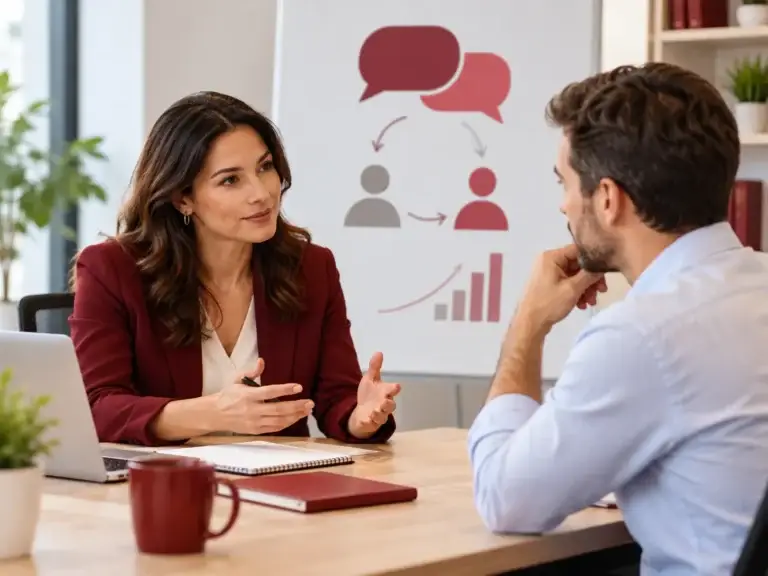 Coach bespreekt conflictmanagement en communicatie met een professional tijdens een individueel gesprek op kantoor