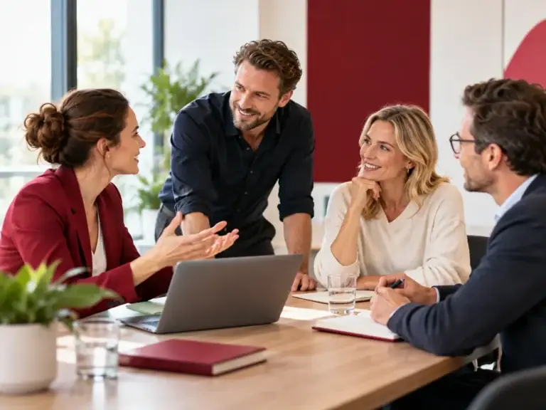 Teamoverleg in een moderne werkomgeving over conflictmanagement, communicatie en professionele training